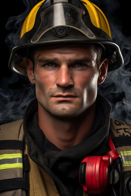 Photo portrait of fireman with helmet and earphones over black background