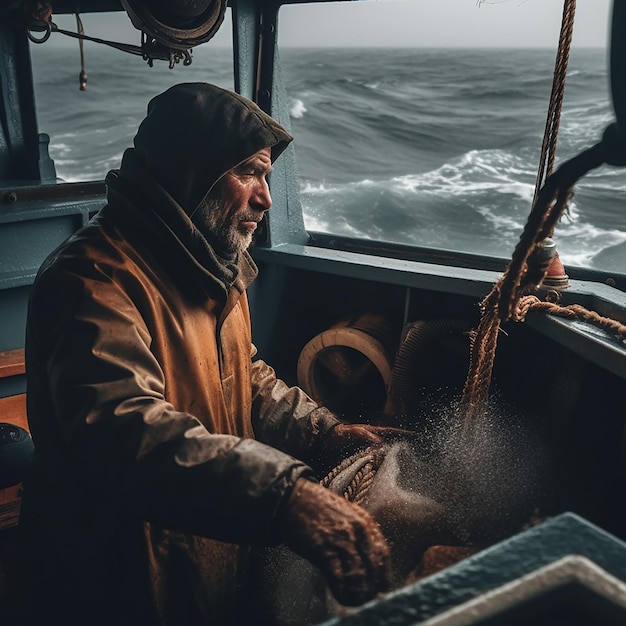 Portrait of a fisherman in work clothes on a fishing trawler among ropes and gear closeup the sea