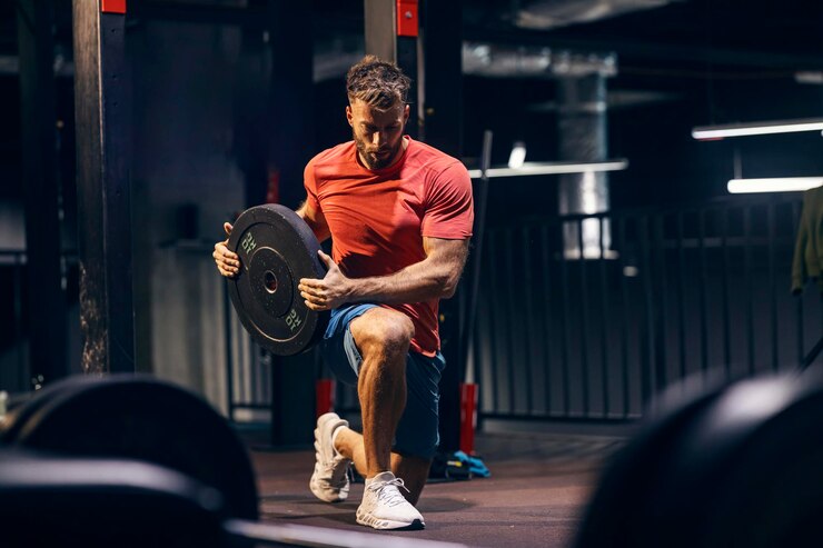 Photo portrait of fit strong sportsman doing lunges with weight plate at gym