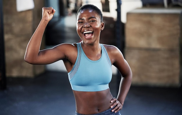 Strong, fitness and muscle of woman or bodybuilder in portrait with power,  motivation and energy in gym studio for training or exercise. Body goals of  Stock Photo - Alamy