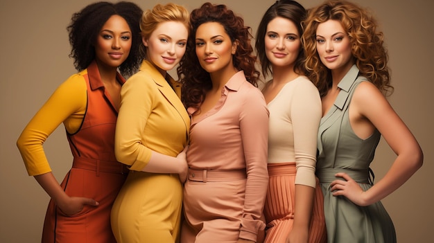 Portrait of five multiracial women on caramel background