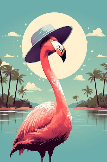 Portrait of Flamingo Wearing Sun Hat With Cool Posed Wading in Vintage Poster 2D Flat Design Art