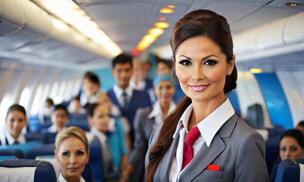 Portrait of flight attendant posing together with plane crew in hangar of technical service