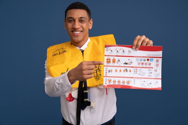 Photo portrait of flight attendant with inflatable jacket