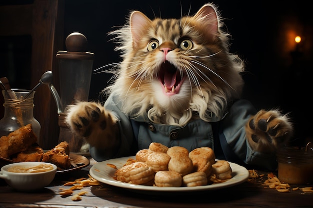 portrait of fluffy funny cat with cat's food