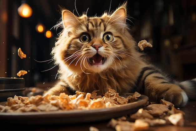 portrait of fluffy funny cat with cat's food