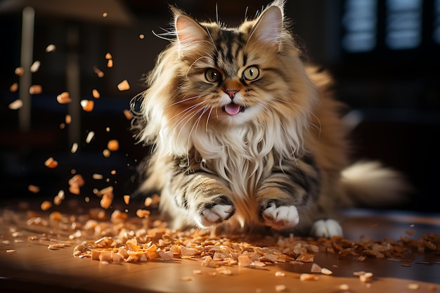 portrait of fluffy funny cat with cat's food