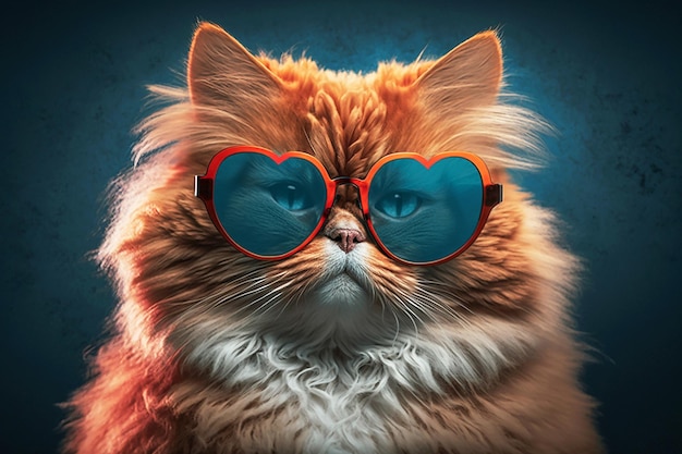 Portrait of fluffy ginger cat in heartshaped sunglasses created with Generative AI technology