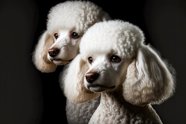 Portrait of fluffy white little poodles with collar on black background