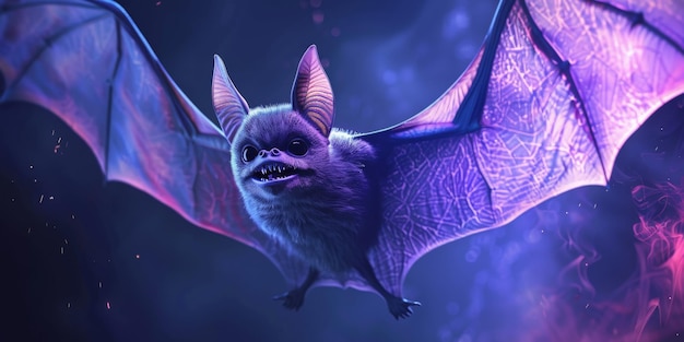 Photo portrait of flying bat isolated on dark blue and purple background