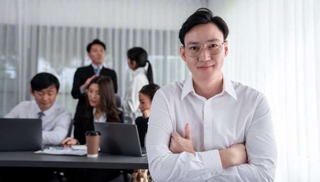 Portrait of focus successful confident male manager in harmony office