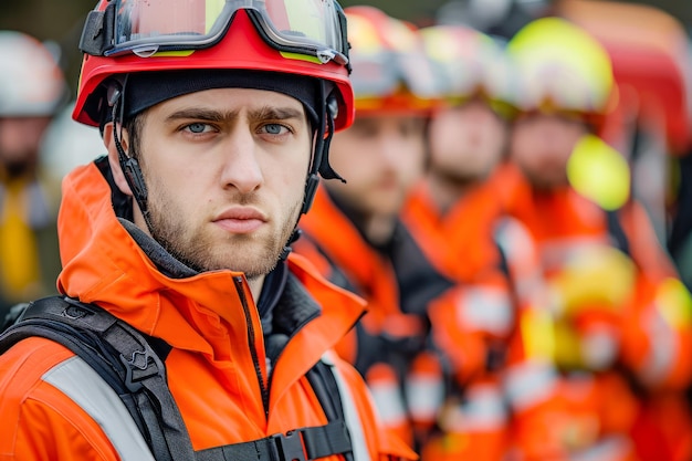 Portrait of a Focused Firefighter in Protective Gear with Team in the Background Ready for