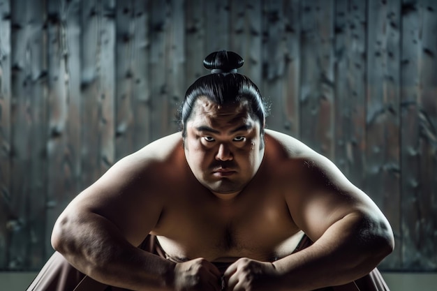 Portrait of a focused sumo wrestler hands on knees ready for combat