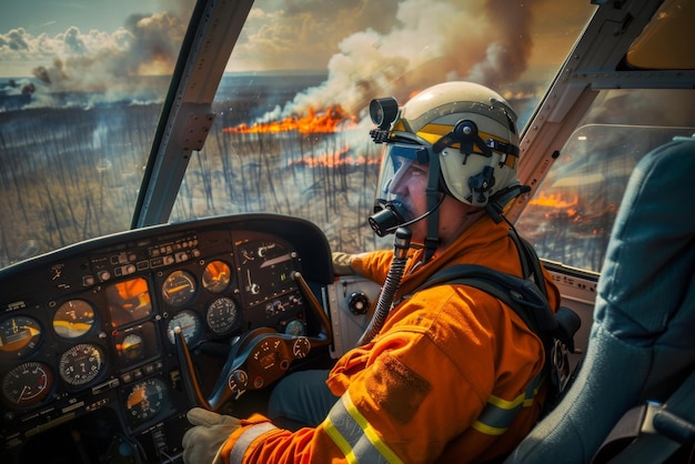 Portrait of a forest firefighter flying over a fire in a small plane