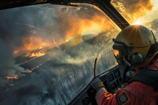 Photo portrait of a forest firefighter flying over a fire in a small plane