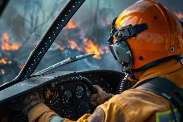 Photo portrait of a forest firefighter putting out a fire in a small plane