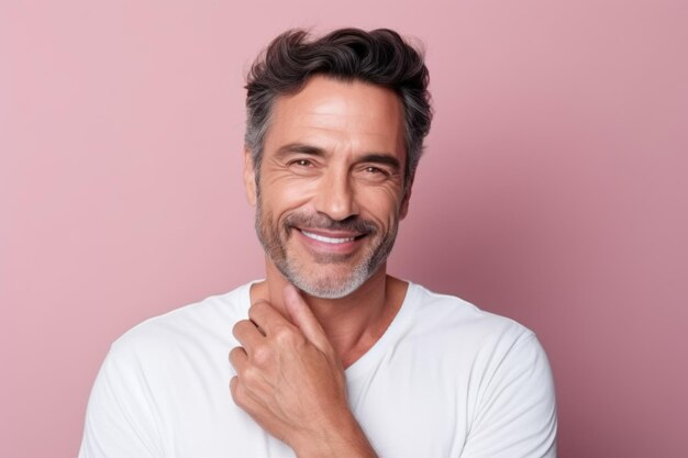 Portrait of forty years old man with wellgroomed face on pink pastel background Rejuvenation concept