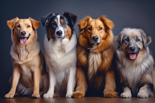 Portrait of four dogs isolated on dark background animals friendship generative AI