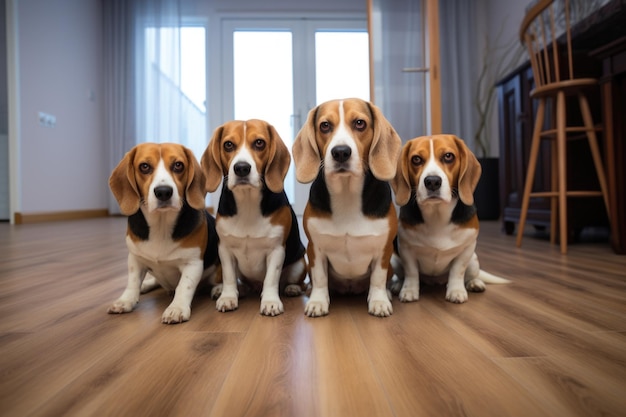 Portrait of four dogs sitting at home and looking at the camera