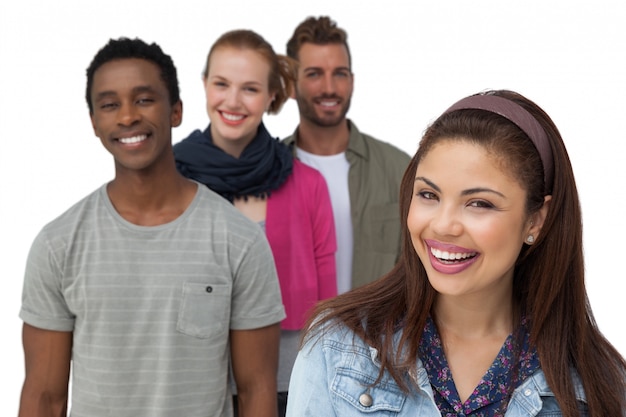 Photo portrait of four happy young friends