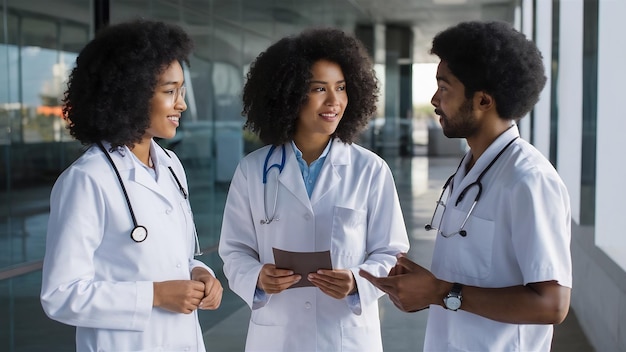 Portrait of fout doctors talking in white uniform