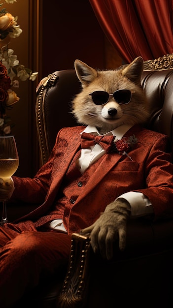 Portrait of a fox in a suit with a glass of champagne Thug red fox AI generative