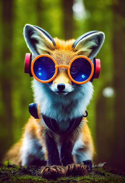 Portrait of a fox wearing a cyberpunk headset neon virtual glasses and cyberpunk gear