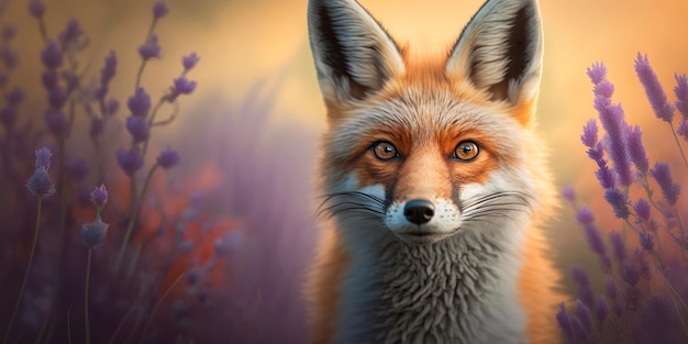 Portrait of a fox with lavender in the background Generative AI