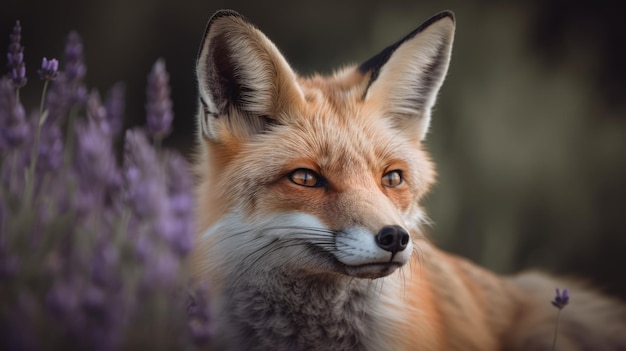 Portrait of a fox with lavender in the background generative ai