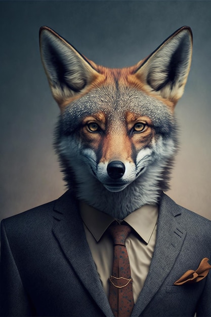 Portrait of fox with suit and brown tie on grey created using generative ai technology