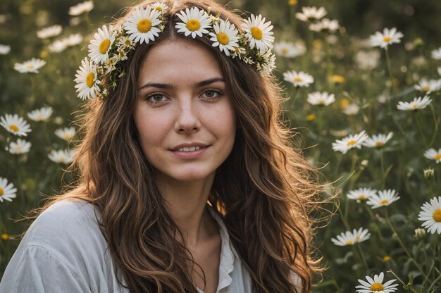 野生のデイジーの花に囲まれた自由奔放な女性のポートレート