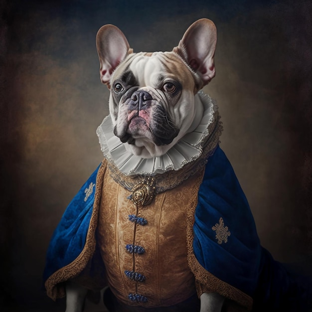 Photo portrait of a french bulldog wearing a royal costume.