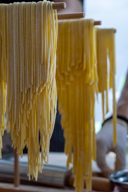 A portrait of freshly made pasta hanging on a pasta dryer