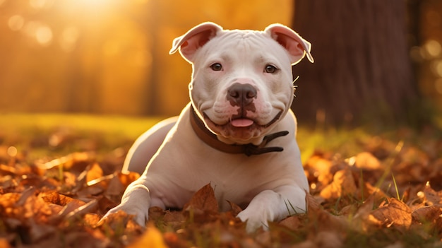 Portrait of a friendly and adorable white pitbull