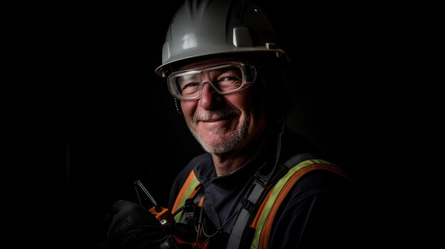 Portrait of friendly electrician with reflective vest and safety equipment