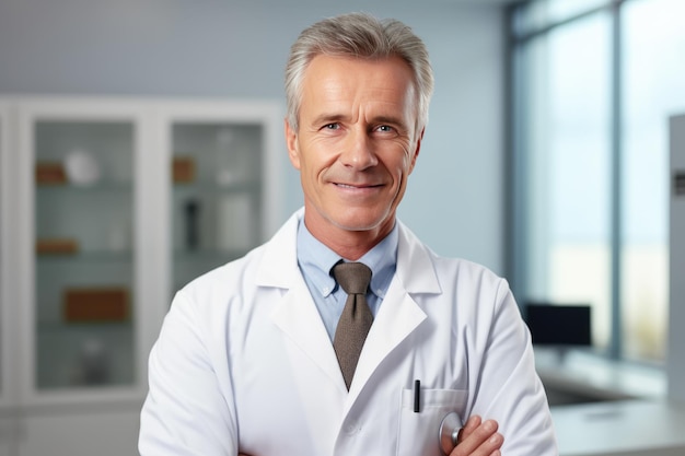 Портрет дружелюбного европейского врача в рабочей одежде со стетоскопом на шее, позирующего в интерьере клиники, смотрящего и улыбающегося в камеру