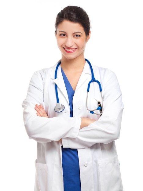 Portrait of a friendly female doctor isolated on white