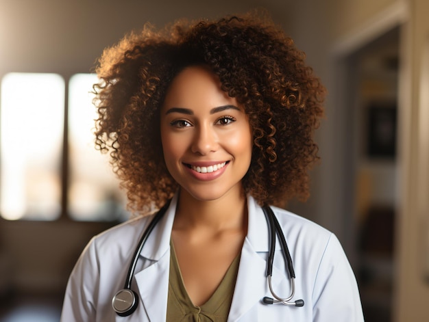 Portrait of friendly female doctor in workwear with stethoscope on neck