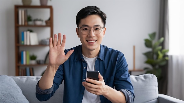 Portrait of friendly handsome asian man waving at smartphone camera to say hi family as video calli