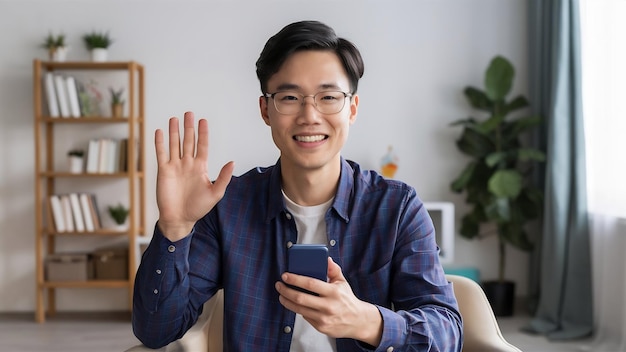 Photo portrait of friendly handsome asian man waving at smartphone camera to say hi family as video calli