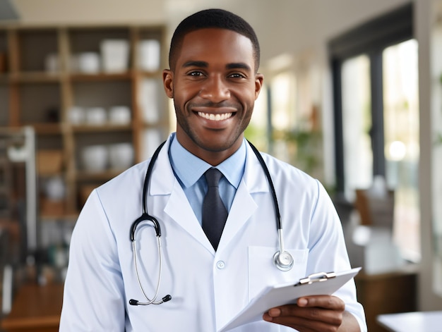 Photo portrait of friendly male doctor in workwear with stethoscope on neck