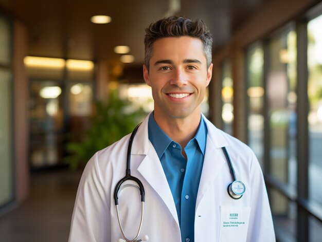 Portrait of friendly male doctor in workwear with stethoscope on neck