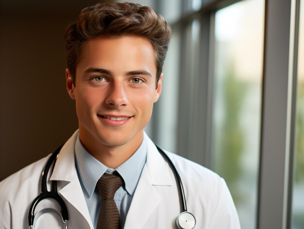 Portrait of friendly male doctor in workwear with stethoscope on neck