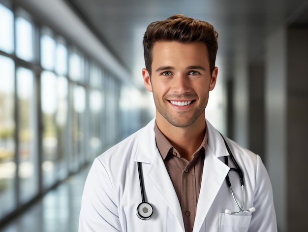 Portrait of friendly male doctor in workwear with stethoscope on neck