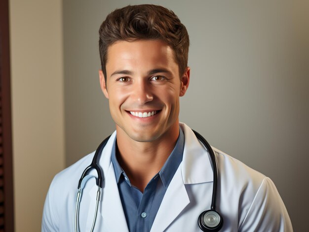 Photo portrait of friendly male doctor in workwear with stethoscope on neck