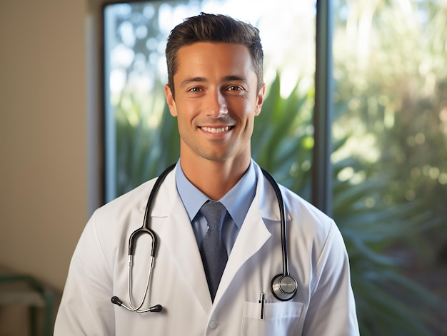 Photo portrait of friendly male doctor in workwear with stethoscope on neck