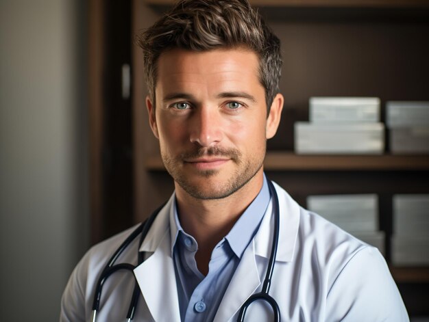 Portrait of friendly male doctor in workwear with stethoscope on neck