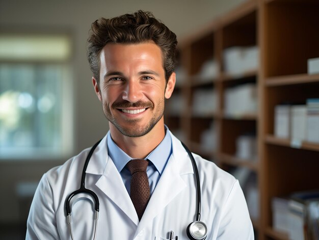 Portrait of friendly male doctor in workwear with stethoscope on neck