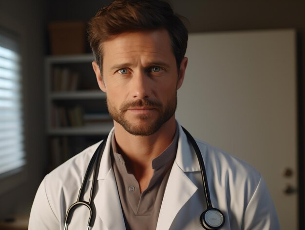 Portrait of friendly male doctor in workwear with stethoscope on neck