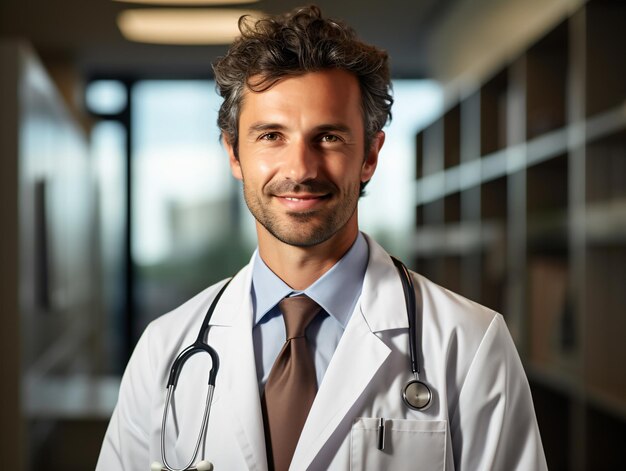 Portrait of friendly male doctor in workwear with stethoscope on neck